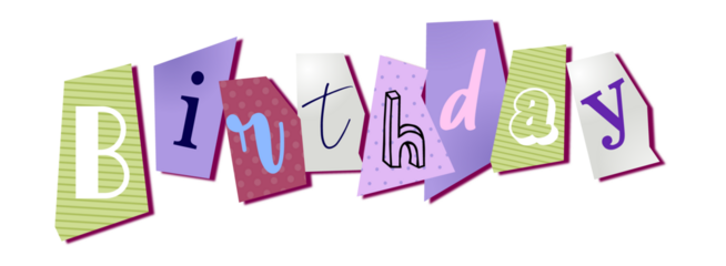 Flat design letter collage is showing Birthday spelled with paper shapes on transparent background