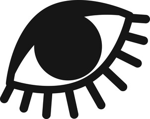 Flat monochrome eye is showing curved eyelids, pupil and radiating lashes on transparent backdrop