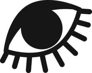 Flat monochrome eye is showing curved eyelids, pupil and radiating lashes on transparent backdrop