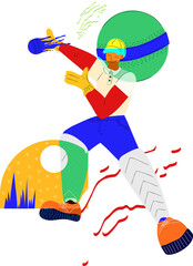 Vector athlete is swinging blue bat with yellow cap and shapes on transparent background