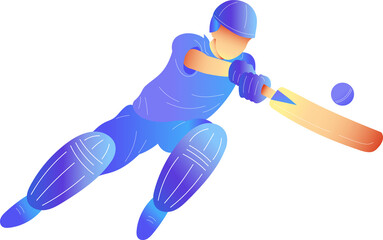 Cricket batsman is swinging orange-tipped bat at ball in blue-purple vector on transparent backdrop
