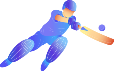 Cricket batsman is swinging orange-tipped bat at ball in blue-purple vector on transparent backdrop