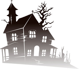 Showing flat design haunted house silhouette, twisted tree and overgrown grass or brush on clear bg