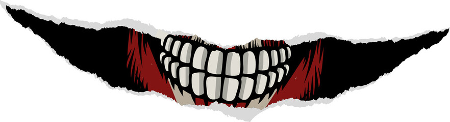 Stylized teeth and gums are peeking through torn paper edges in flat design, transparent background