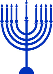 Flat blue menorah is glowing with nine teardrop-lit candles, transparent background, copy space