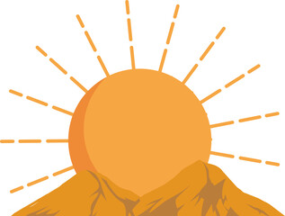 Stylized sun is rising behind peaks in flat design with dashed solid rays, transparent background