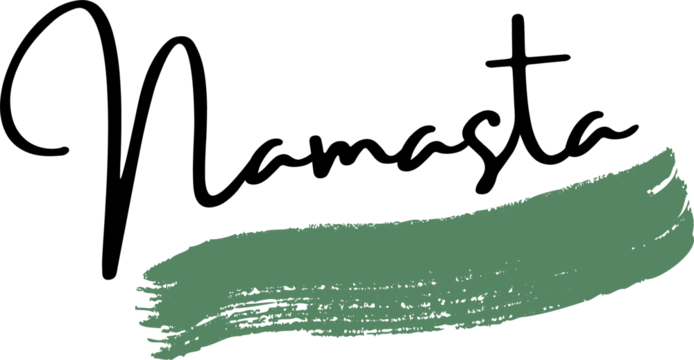 Showing black cursive Namaste text resting on textured green brushstroke on transparent background