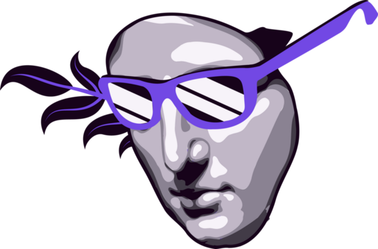 showing gray sculpture head wearing purple shades with purple ribbon on transparent bg, copy space - Powered by Adobe