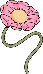 Cartoon flower showing pink petals, winding green stem and yellow center on transparent background