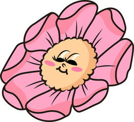 Stylized cartoon pink blossom is showing rosy face details in flat design, transparent background