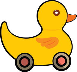 Clip-art style yellow duck toy is being shown on transparent background, with four circular wheels