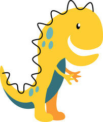 Flat vector dinosaur posing on transparent bg with yellow body, teal spots black spines orange foot