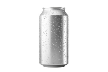 An icy silver can glistening with refreshing condensation promises a crisp and cool escape on on transparent background