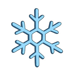 Flat cartoon-style light blue snowflake is radiating six branching arms on transparent background
