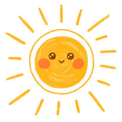 Stylized cartoon sun smiling with rosy cheeks, radiating rays on transparent background, copy space