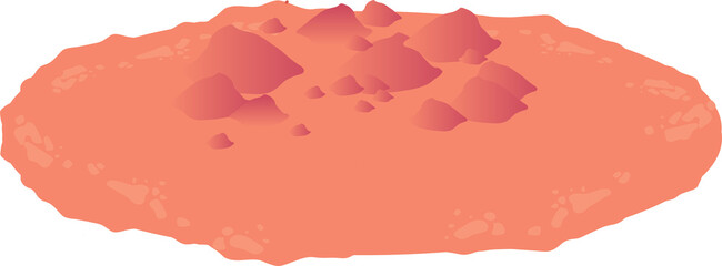 Stylized flat platform is floating with orange hills and scattered rocks, transparent background