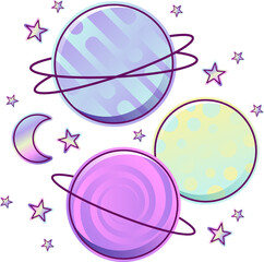 Fototapeta premium Flat design showing three floating pastel planets with rings, moon, stars on transparent background