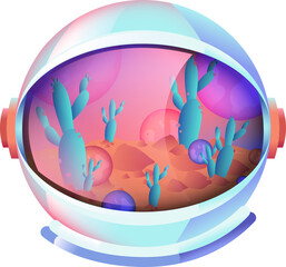 flat astronaut helmet visor is showcasing dunes with teal cacti, spheres on transparent background