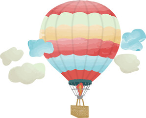 Striped hot air balloon is floating in watercolor with burner and basket on transparent background