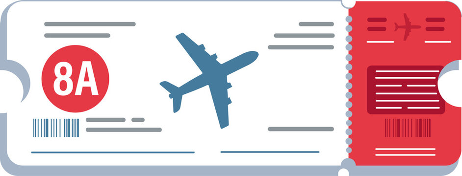 Flat vector boarding pass is showing red stub, plane icon, barcodes, transparent background