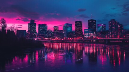 Obraz premium City skyline illuminated by pink and purple hues during the evening over a calm river reflecting city lights