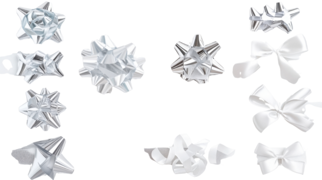 Set of white and silver ribbons and bows festive decoration elements cut out isolated on white background