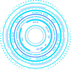 Abstract circular interface graphic is rotating on transparent background, showing neon blue rings