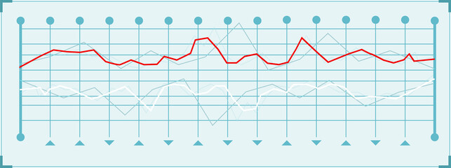 Abstract line chart is showing transparent background grid with bold red and white trends