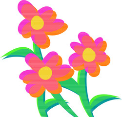 Three stylized daisies with stems and leaves are blooming in flat clipart transparent background