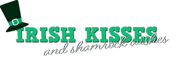 Flat design St Patrick's Day card showing green block text, top hat, clover, transparent background