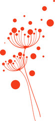 Red vector art is showing two seed-head stems, clusters, floating circles on transparent backdrop
