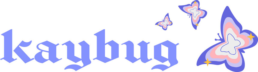 Displaying kaybug in periwinkle gothic text with layered pastel butterflies and transparent canvas