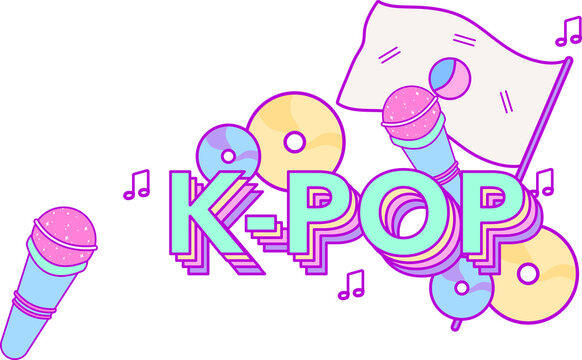 Naklejki Floating vector is showing 3D K-POP text with microphones, CDs, flag and notes on transparent bg