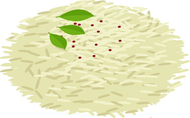 Flat illustration is showing rice pile with green leaves and red pepper on transparent background