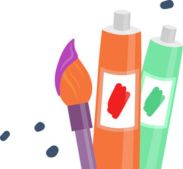 Flat design illustration showing paintbrush with paint tubes and droplets on transparent background