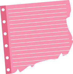 Torn pink paper with lines and punchholes is floating on transparent background in flat design