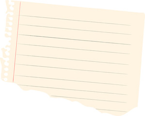 Torn ruled paper is floating in flat design on transparent background with red margin, spiral holes