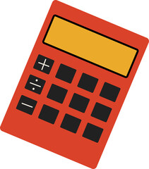Handheld calculator is floating in flat design with red body, grey keys, transparent background