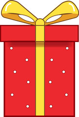 Flat design red gift box is floating on transparent background, with white dots and yellow bow