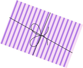 Flat gift box is floating on transparent background, with lavender-purple stripes, black ribbon bow