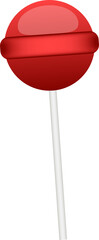 Red lollipop on white stick is floating in 2D vector with glossy gradient on transparent background