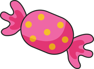 Displaying wrapped candy flat-style, pink yellow polka dots twisted ends on transparent background