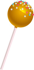Flat illustration is featuring gold lollipop with pink stick and sprinkles on transparent field