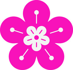 Decorative flower icon is floating as flat design with magenta petals on transparent background