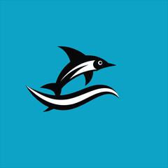 Obraz premium A black and white dolphin jumping over a wave on a blue background