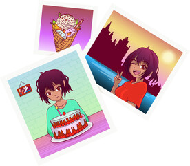Polaroid collage is showing frames on transparent background with ice-cream cone woman portrait