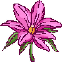 Pixel art pink flower is being shown on transparent canvas, with yellow center and green leaves