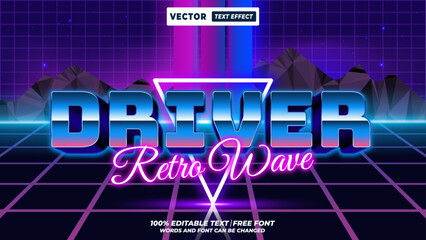 Driver retro wave 80s retro style editable 3d vector text effect. 80s synthwave, neon vaporwave, and futuristic typography for digital designs.