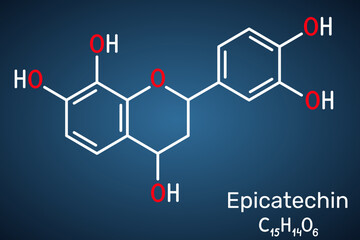 Epicatechin molecule. Flavanol antioxidant found in chocolate and tea. Dark blue background.
