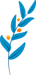 Botanical branch is featuring flat vector blue leaves and orange fruits on transparent background